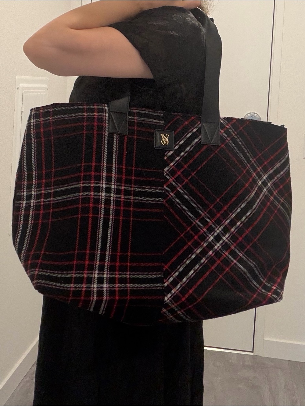 Victoria’s Secret Black Plaid Tote Bag with Red & White Accents